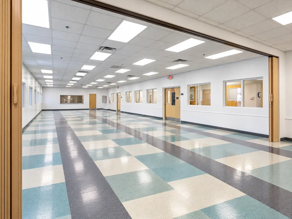Existing condition: a large open room in the main building, with tiled floor, a folding partition, a serving window and rooms along one side.