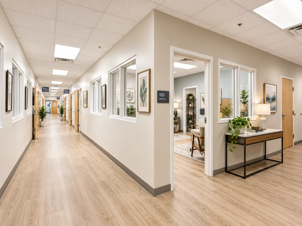 Illustrative concept: the same corridor shown with artwork and signage, and a furnished program room. Not an existing condition.