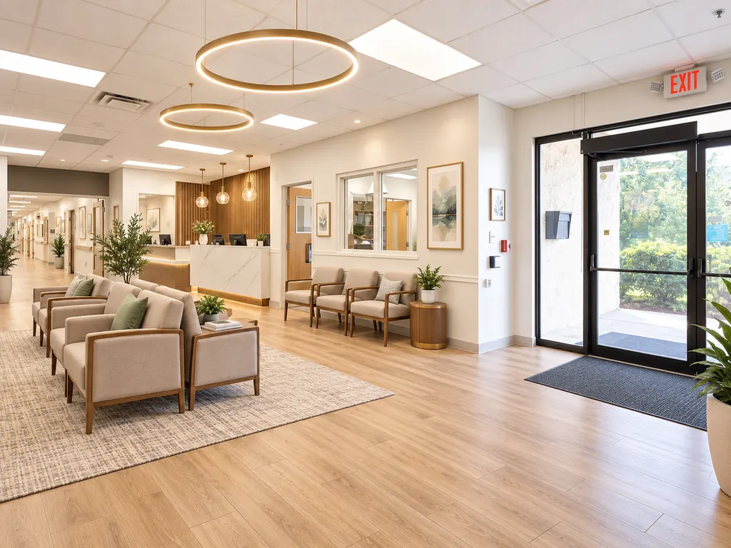 Illustrative concept: the same entrance area shown as a furnished reception and waiting lounge. Not an existing condition.