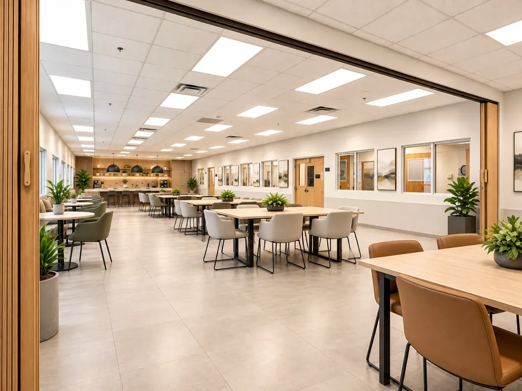 Illustrative concept: the same room shown as a furnished commons with tables, chairs and a coffee counter. Not an existing condition.