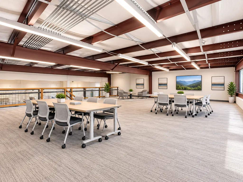Illustrative concept: the same mezzanine shown finished as a training room, with carpet, worktables, chairs and a lounge corner. Not an existing condition.